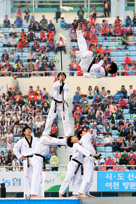 ‘2015 전국생활체육대축전’의 시작을 알리는 개회식이 15일 오후 이천종합운동장에서 열렸다. 이날 경민대학교 태권도 시범단이 공연을 펼치고 있다.