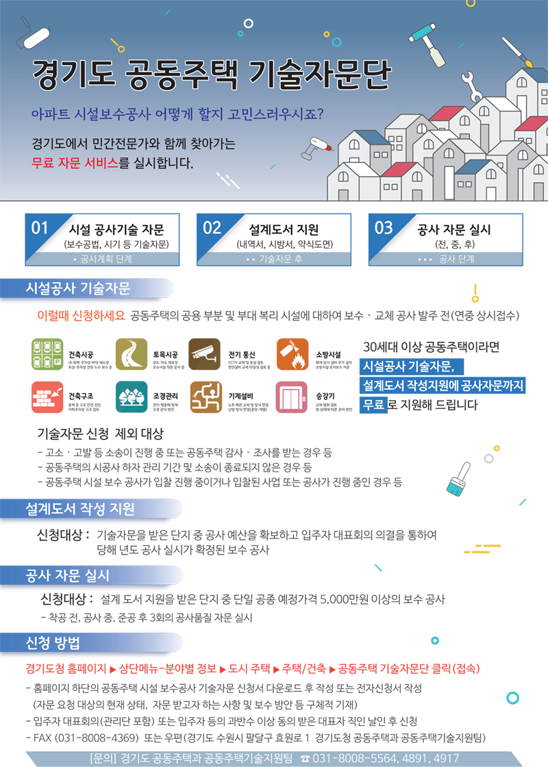 경기도는 도내 30세대 이상 준공 후 10년 이상 경과된 공동주택 4,650개 단지를 대상으로 경기도시공사와 함께 기술자문 서비스를 시행하고 있으며, 주민의 94% 이상이 만족하고 있는 것으로 나타났다.