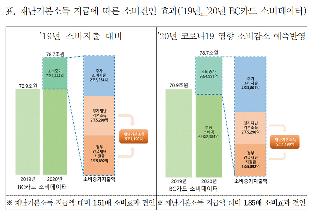 재난지원금 지급에 따른 소비견인 효과(2019년, 2020년 BC카드 소비데이터).