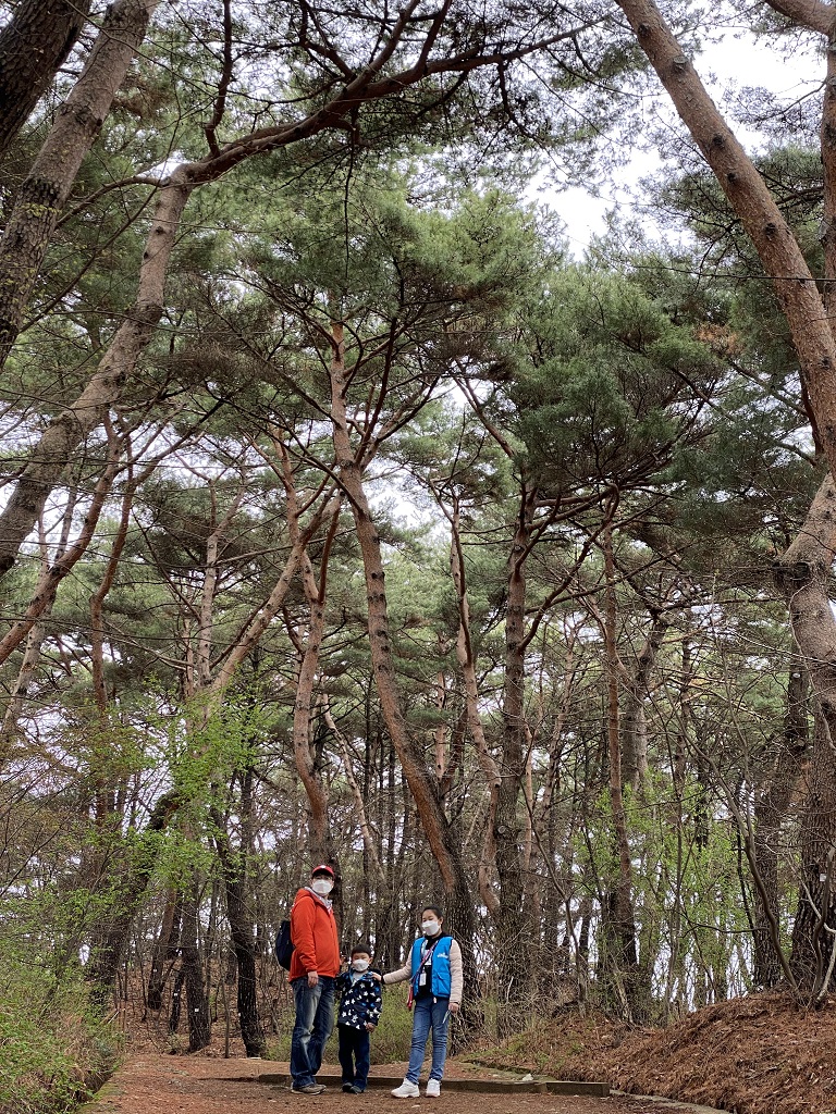 꿈기자 가족이 산길을 오르고 있다. 