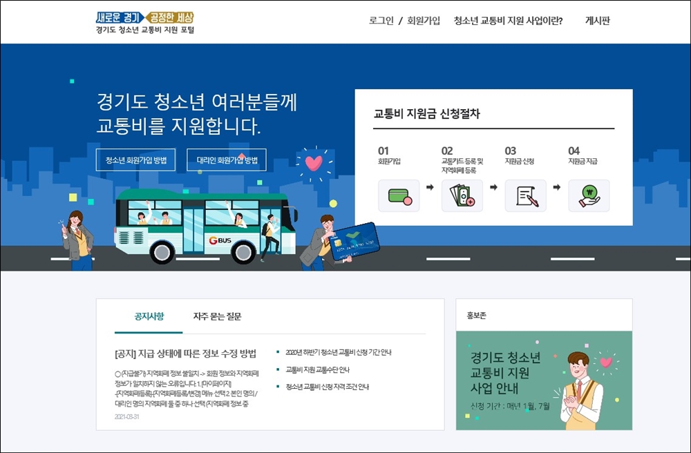 신청은 ‘경기도 청소년 교통비 지원 포털 홈페이지(www.gbuspb.kr)에서 회원가입 후 가능하다. 상반기 신청 접수는 올해 7월 1일 오전 9시부터 오는 8월 15일 오후 6시까지이다.    