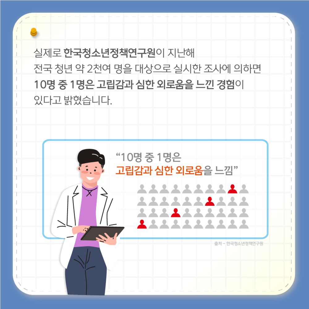 실제로 한국청소년정책연구원이 약 2천명의 청년들을 대상으로 조사한 결과 10명 중 1명은 고립감과 심한 외로움을 느낀적이 있다고 답했습니다.