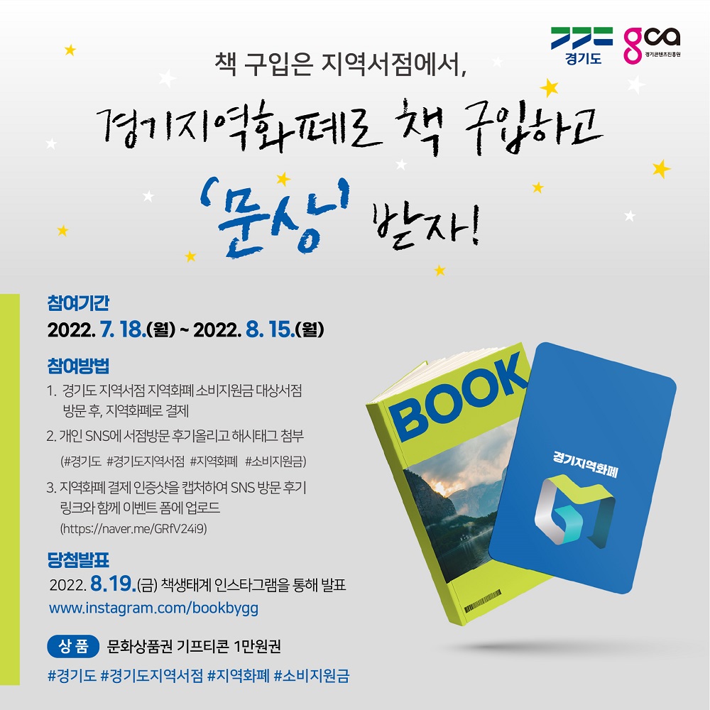 경기도는 지난 6월부터 지역서점 활성화를 위해 경기도 인증 지역서점에서 시‧군별 지역화폐 결제금액의 10%(최대 3만 원)를 마일리지 형태의 해당 시·군 지역화폐로 돌려받을 수 있도록 했다.