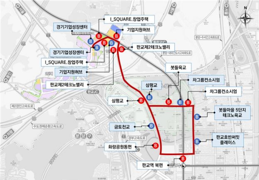 경기도 자율협력주행버스 노선 내 버스정류장 현황.