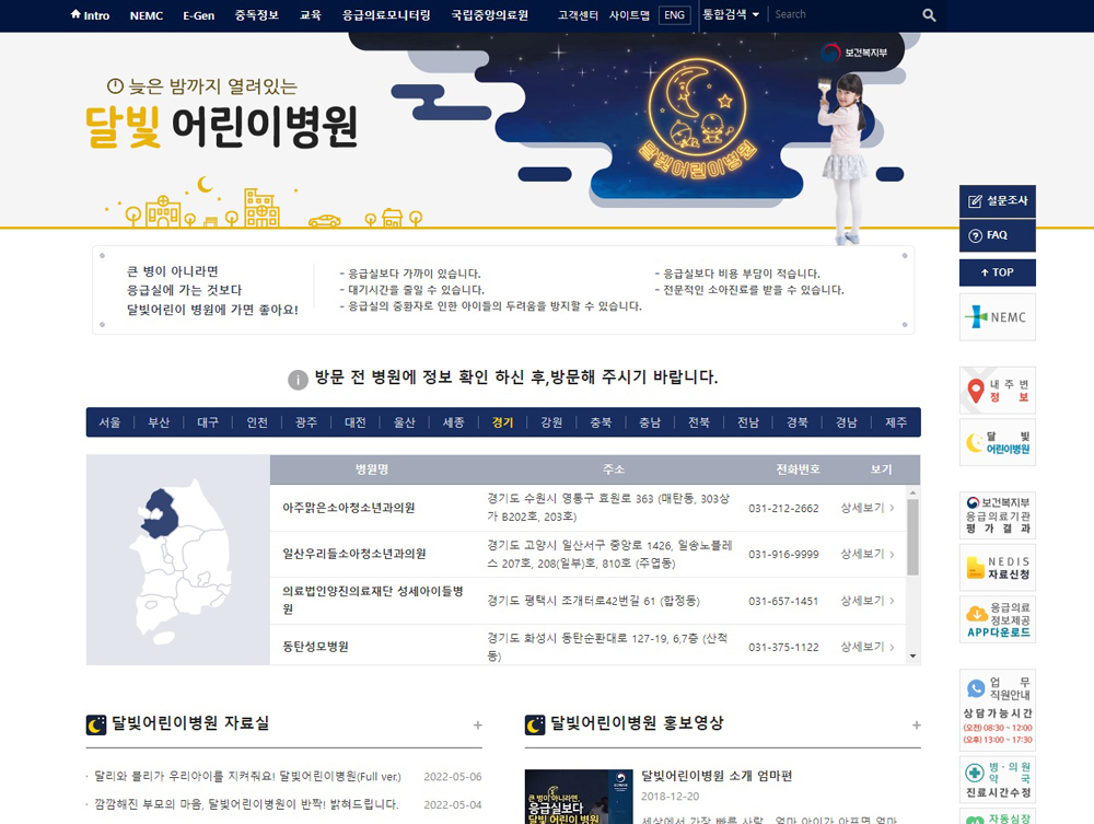 경기도에는 총 9곳의 달빛어린이병원이 운영 중이며, 자세한 장소와 내용은 달빛어린이병원 홈페이지를 참고하면 된다.