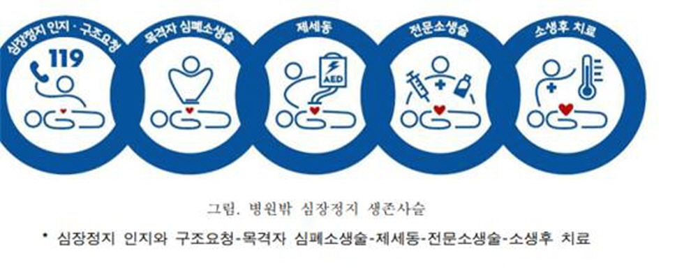 심장정지 인지와 구조요청-목격자 심폐소생술-제세동-전문소생술-소생후 치료.
