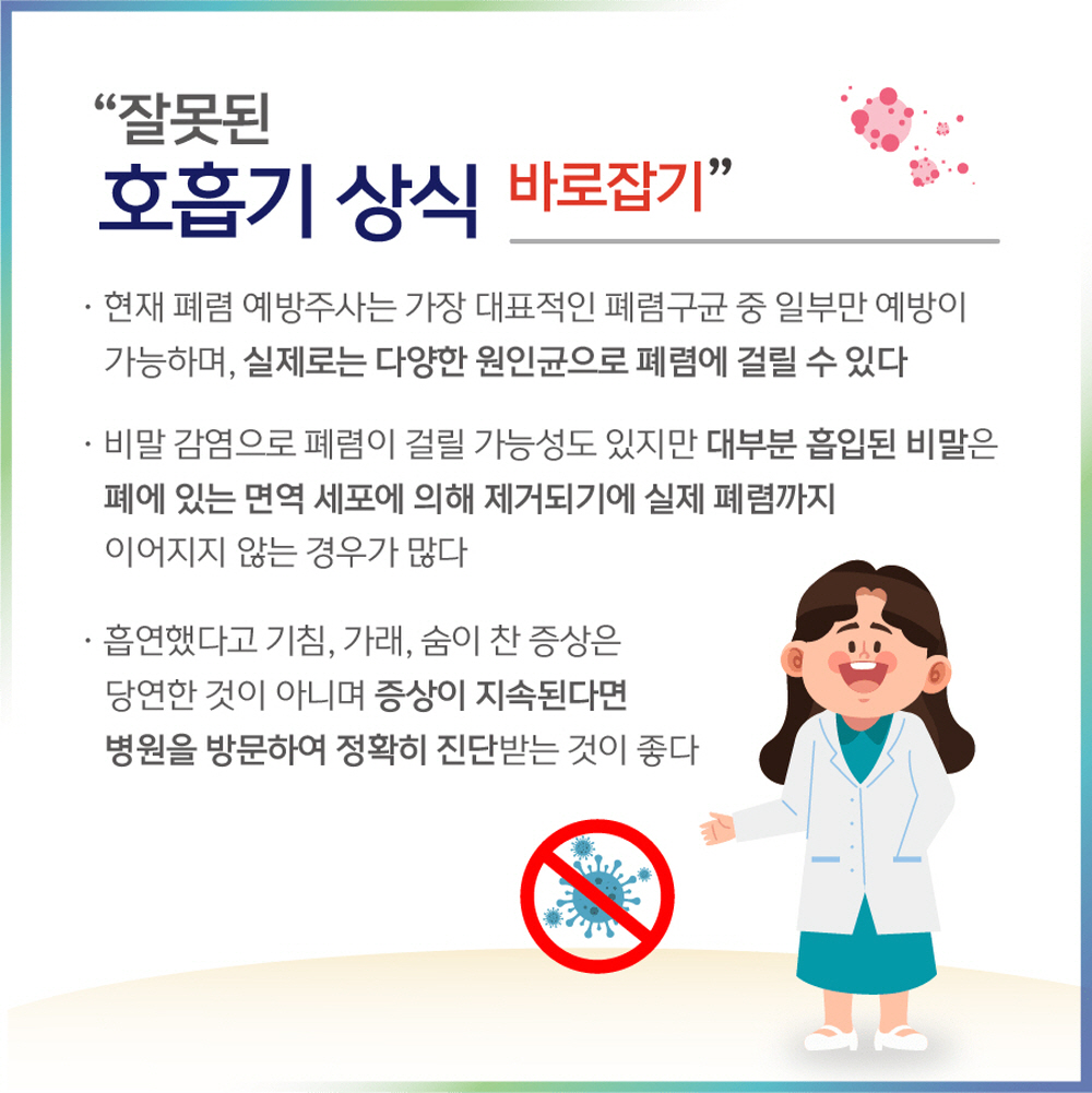 “잘못된 호흡기 상식 바로잡기” · 현재 폐렴 예방주사는 가장 대표적인 폐렴구균 중 일부만 예방이 가능하며, 실제로는 다양한 원인균으로 폐렴에 걸릴 수 있다. · 비말 감염으로 인한 감염보다는 대부분 흡입된 비말은 폐에 있는 면역 세포에 의해 제거되기에 실제 폐렴까지 이어지지 않는 경우가 많다. · 흡연했다고 기침, 가래, 숨이 찬 증상 흔치 않아