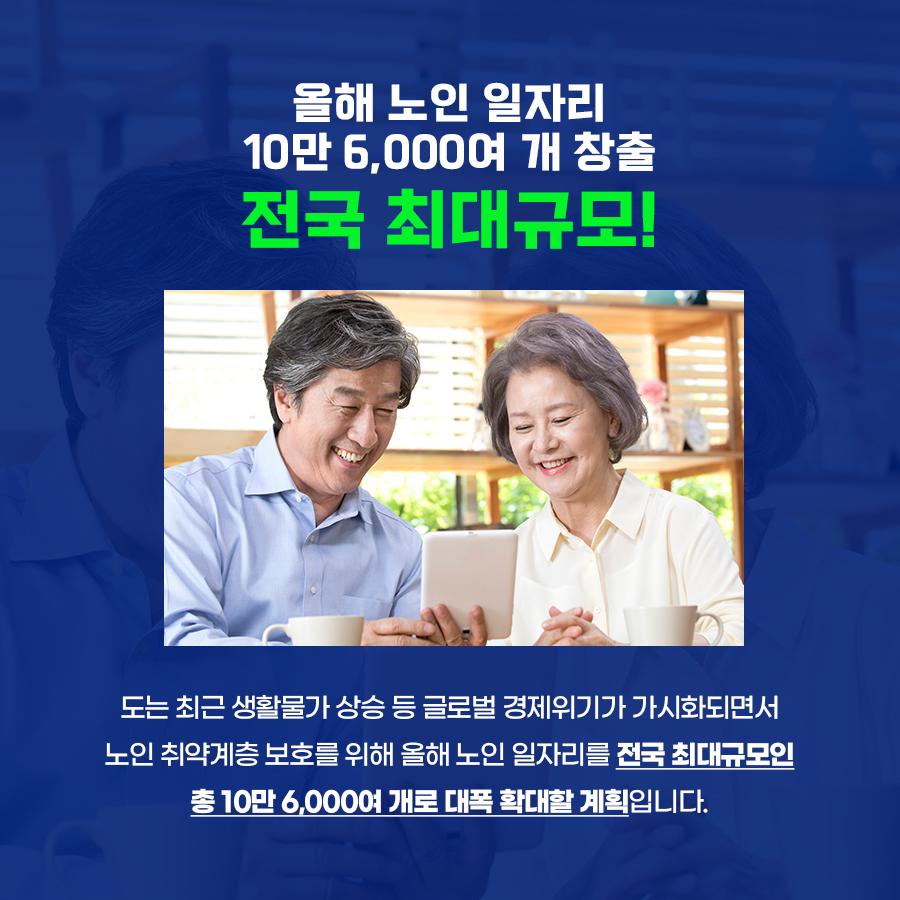 <B>올해 노인 일자리 10만 6,000여 개 창출…전국 최대규모</B> 도는 최근 생활물가 상승 등 글로벌 경제위기가 가시화되면서 노인 취약계층 보호를 위해 올해 노인 일자리를 전국 최대규모인 총 10만 6,000여 개로 대폭 확대할 계획입니다.