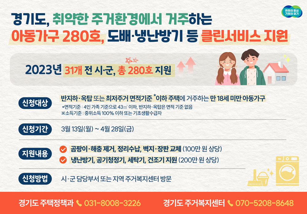 경기도가 반지하·옥탑 등 열악한 주거환경에 거주하는 아동 가구의 주거환경을 개선하는 ‘아동주거빈곤가구 클린서비스 지원사업’ 대상자를 모집한다.