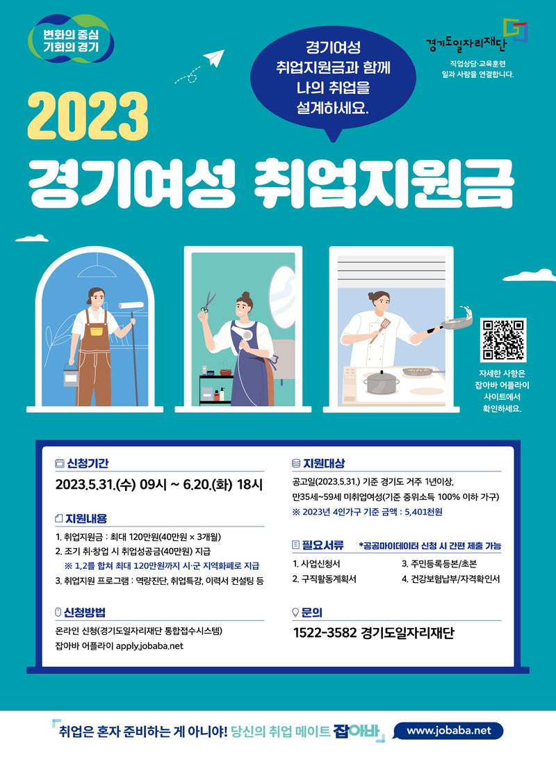 경기도가 5월 31일부터 6월 20일까지 도내 경력 보유 여성 등의 재취업을 돕기 위한 ‘경기여성취업지원금’ 2차 사업 대상자를 모집한다.