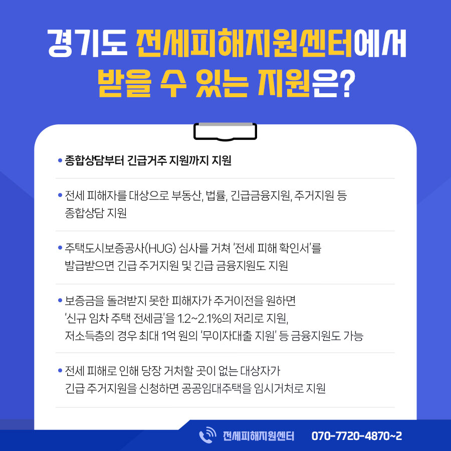 경기도 전세피해지원센터에서는 종합상담부터 주거지원까지 지원을 받을 수 있습니다.