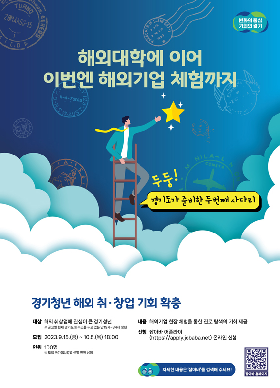 경기청년 사다리 프로그램에 이어 7개국 현지 기업에서 한 달간 일자리 체험을 하는 ‘경기청년 해외 취창업 기회 확충 사업’이 오는 10월 5일까지 신청자를 모집한다.