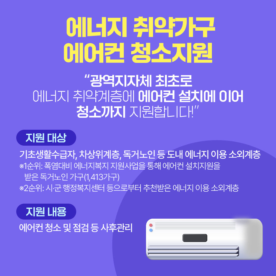 에너지 취약가구 에어컨 청소지원  “광역지자체 최초로 에너지 취약계층에 에어컨 설치에 이어 청소까지 지원합니다!”  ▪지원 대상:  기초생활수급자, 차상위계층, 독거노인 등 도내 에너지 이용 소외계층  ※1순위: 폭염대비 에너지복지 지원사업을 통해 에어컨 설치지원을 받은 독거노인 가구(1,413가구) 2순위: 시‧군 행정복지센터 등으로부터 추천받은 에너지 