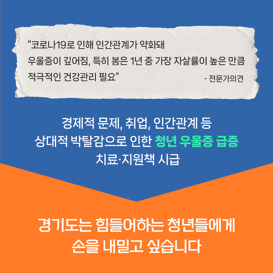 전문가들은 코로나19로 인해 인간관계가 약화돼 우울증이 깊어짐, 특히 봄은 1년 중 가장 자살률이 높은 만큼 적극적인 건강관리 필요하다고 조언했습니다. 특히 경제적 문제 등 상대적 박탈감으로 청년 우울증이 급증하는 만큼 경기도에서는 힘들어하는 청년들에게 손을 내밀고 싶습니다.