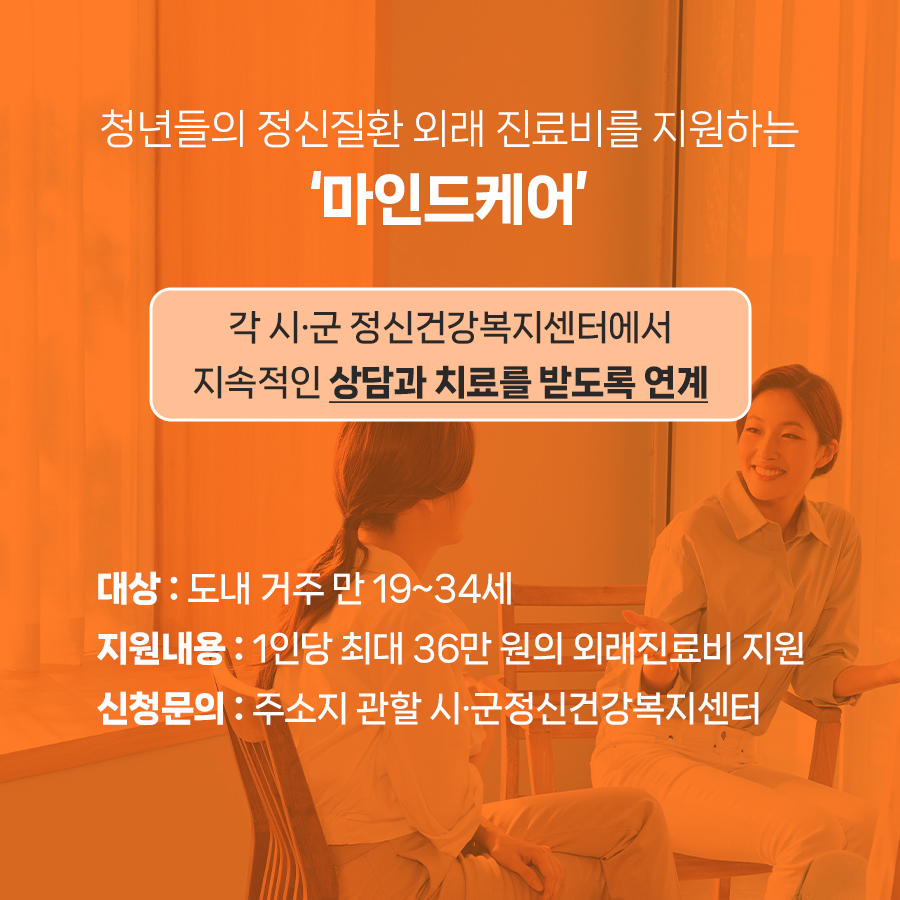 마인드케어는 도내 거주 만 19~34세 청년대상 1인당 최대 36만 원의 외래진료비 지원하며 지원 신청 문의는 주소지 관할 시·군 정신건강복지센터로 하면 됩니다.