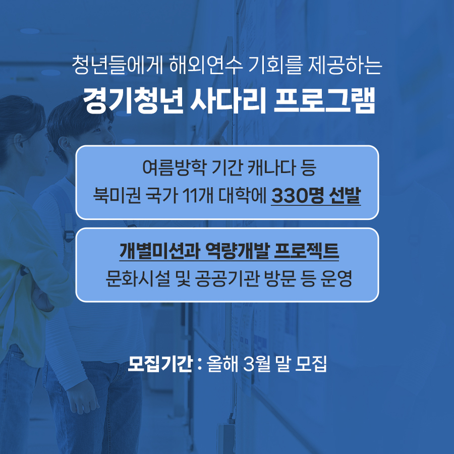 청년들에게 해외연수 기회를 제공하는 경기청년 사다리 프로그램은 올해 3월 말 모집합니다. 여름방학 중인 7~8월에 3주 내외로 미국, 캐나다 등 북미권 국가 11개 대학에 330명 선발할 계획이며, 개별미션과 역량개발 프로젝트, 문화시설 및 공공기관 방문 등을 운영할 예정입니다.