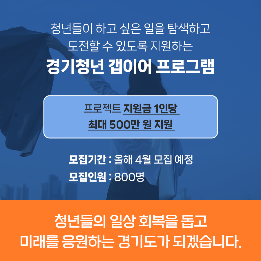 청년들이 하고 싶은 일을 탐색하고 도전할 수 있도록 지원하는 경기청년 갭이어 프로그램은 올해 4월 모집 예정입니다. 모집 인원은 800명으로 프로젝트 지원금 1인당 최대 500만 원 지원할 예정입니다.