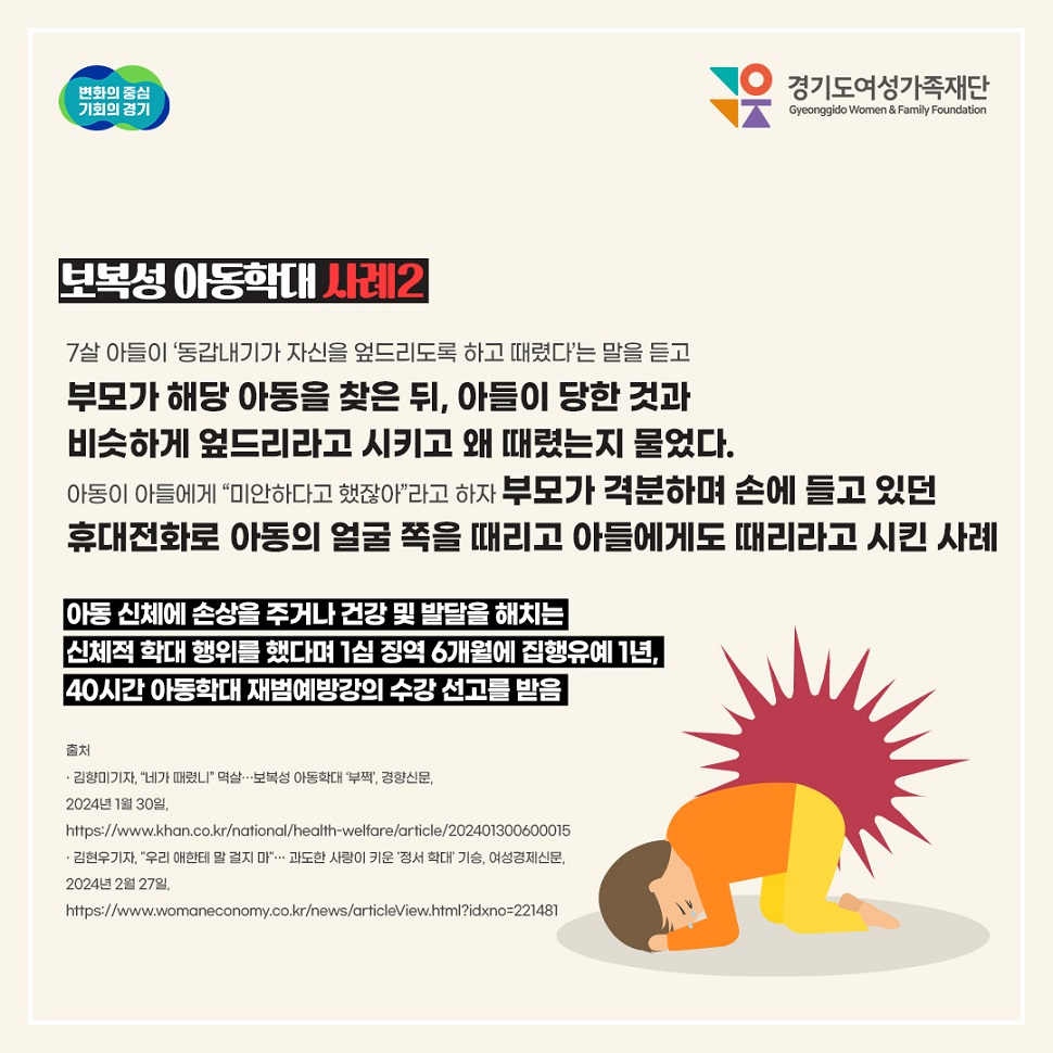 ② 사례 ● 7살 아들이 ‘동갑내기가 자신을 엎드리도록 하고 때렸다’는 말을 듣고 부모가 해당 아동을 찾은 뒤, 부모가 격분하며 손에 들고 있던 휴대전화로 아동의 얼굴 쪽을 때리고 아들에게도 때리라고 시킨 사례. ▶건강 및 발달을 해치는 신체적 학대 행위를 했다며 1심 징역 6개월에 집행유예 1년, 40시간 아동학대 재범 예방강의 수강 선도 받음.