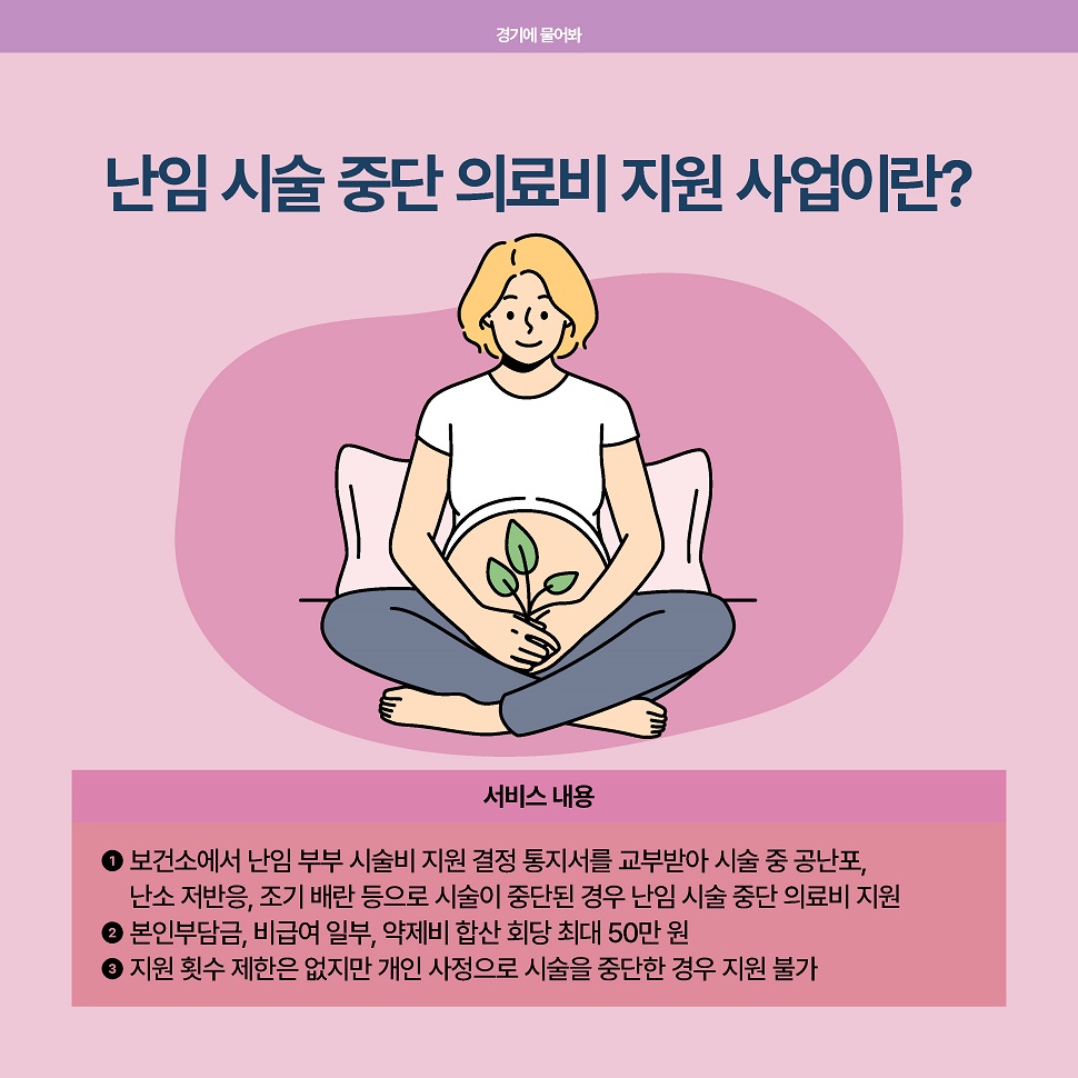 ‘난임 시술 중단 의료비 지원 사업’은 보건소에서 난임 부부 시술비 지원 결정 통지서를 교부 받아 시술 중에 공난포, 난소 저반응, 조기 배란 등으로 시술이 중단된 경우에 난임 시술 중단 의료비를 지원합니다. 최대 50만 원이 지원됩니다.