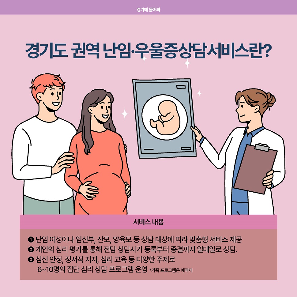 경기도 권역 난임·우울증상담 서비스란 난임 여성이나 임신부, 산모, 양육모 등 상담 대상에 따라 맞춤형 서비스를 제공합니다. 개인의 심리 평가를 통해 전담 상담사가 등록부터 종결까지 일대일로 상담합니다.