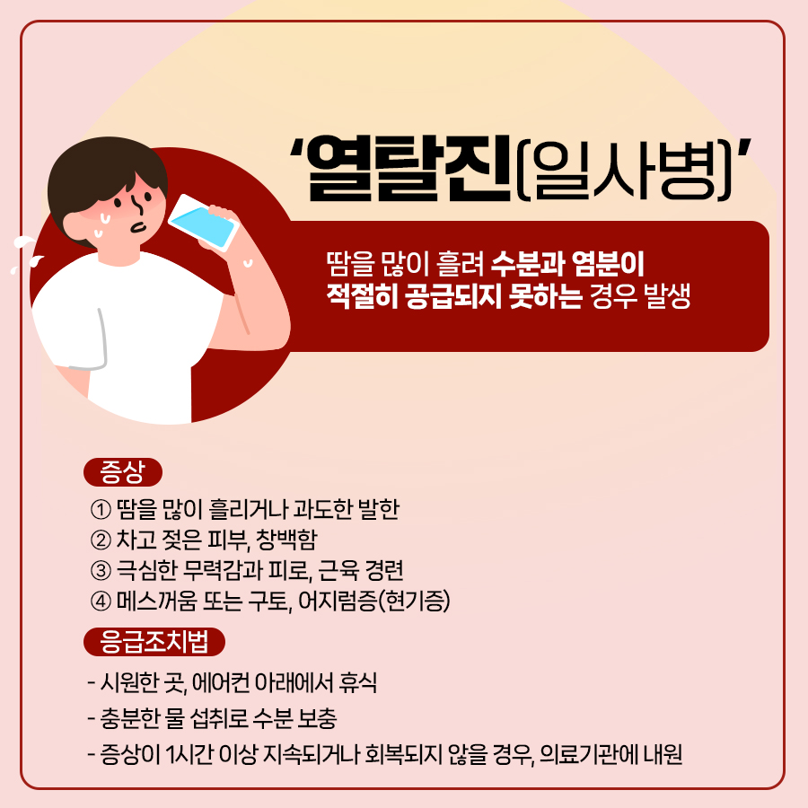 열탈진은 땀을 많이 흘려 수분, 염분이 적절히 공급되지 못하는 증상으로 땀을 많이 흐리거나 과도한 발한, 차고 젖은 피부, 극심한 피로감과 무력감, 매스꺼움, 구토 등을 동반합니다. 응급조치법은 시원한 곳, 에어컨 아래서 휴식을 취하고 충분한 물로 수분을 보충해줘야 합니다. 1시간 내로 좋아지지 않을 경우 병원으로 내원해 진료를 받아야 합니다.