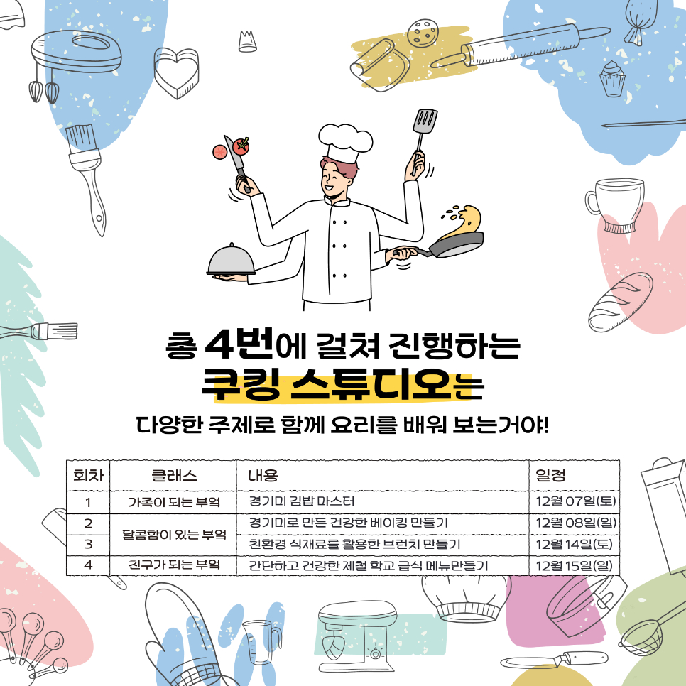 총 4번에 걸쳐 진행하는 쿠킹 스튜디오는 12월 7일 가족이 되는 부엌을 주제로 펼쳐지는 경기미 김밥 마스터 시간을 시작으로 8일과 14일 달콤함이 있는 부엌을 주제로 펼쳐지는 경기미로 만드는 건강한 베이킹, 친환경 식재료를 활용한 브런치 만들기가 이어집니다. 15일에는 친구가 되는 부엌을 주제로 간단하고 건강한 제철 학교 급식 메뉴 만들기가 진행됩니다.