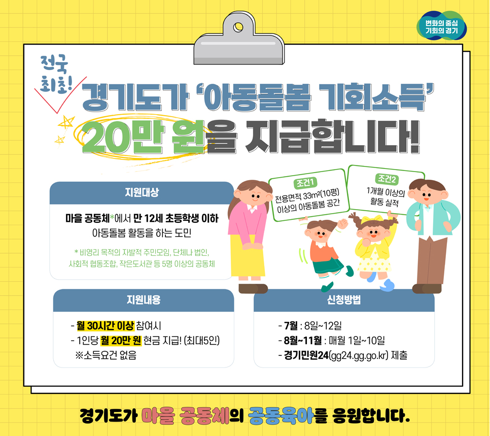 경기도 아동돌봄 기회소득은 마을공동체 등에서 아동돌봄 사각지대 해소에 노력하는 가치활동에 대한 기회소득을 지급함으로써 의미 있는 활동에 전념할 기회를 제공하는 것입니다.