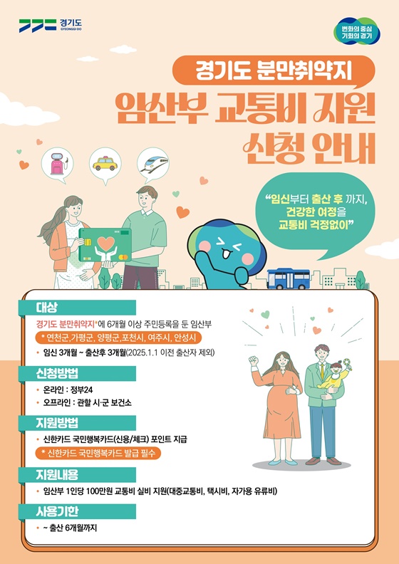 경기도는 분만취약지 6개 시군(연천·가평·양평·안성·포천·여주)에 거주하는 임산부에게 4월부터 1인당 최대 100만 원의 교통비를 지급한다.