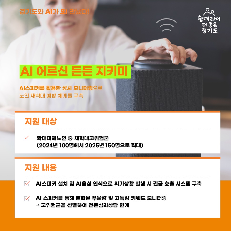 ‘AI 어르신 든든 지키미’는 AI스피커를 활용한 상시 모니터링으로 노인 재학대 예방 체계를 구축합니다.