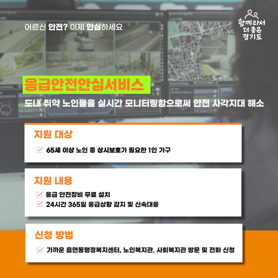 ‘응급안전안심서비스’는 도내 취약 노인들을 실시간 모니터링함으로써 안전 사각지대를 해소합니다.