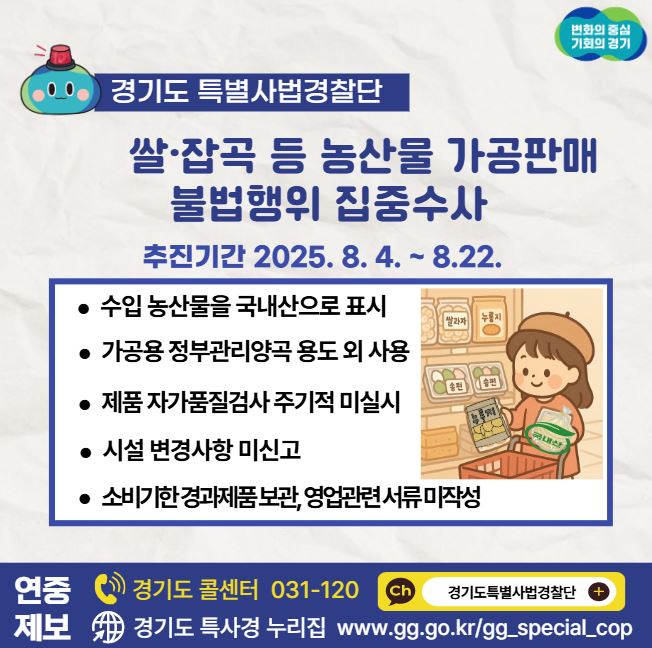 경기도 특별사법경찰단이 8월 4일부터 22일까지 쌀, 잡곡 등 농산물 가공판매 불법행위를 집중수사합니다. 대상은 수입 농산물을 국내산으로 표시한 경우, 가공용 정부관리양곡 용도 외 사용, 제품 자가품질검사 주기적 미실시, 사설 변경사항 미신고, 소비기한 경과제품 보관, 영업관련 서류 미작성 등입니다.