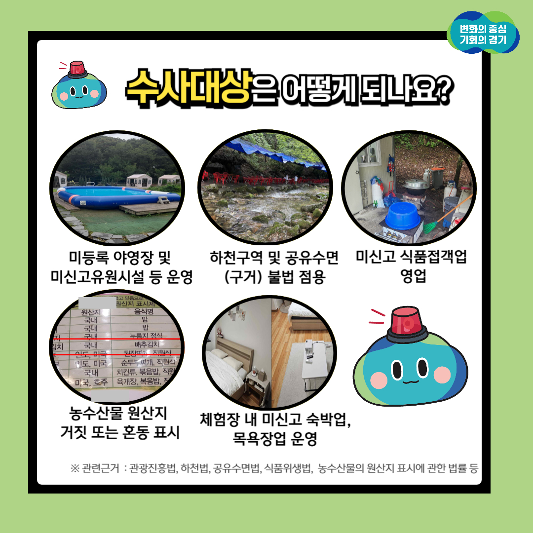 수사 대상은 미등록 야영장 및 미신고유원시설 등 운영, 하천구역 및 공유수면(구거) 불법 점용, 미신고 식품접객업 영업, 농수산물 원산지 거짓 또는 혼동 표시, 체험장 내 미신고 숙박업, 목욕장업 운영 등입니다.