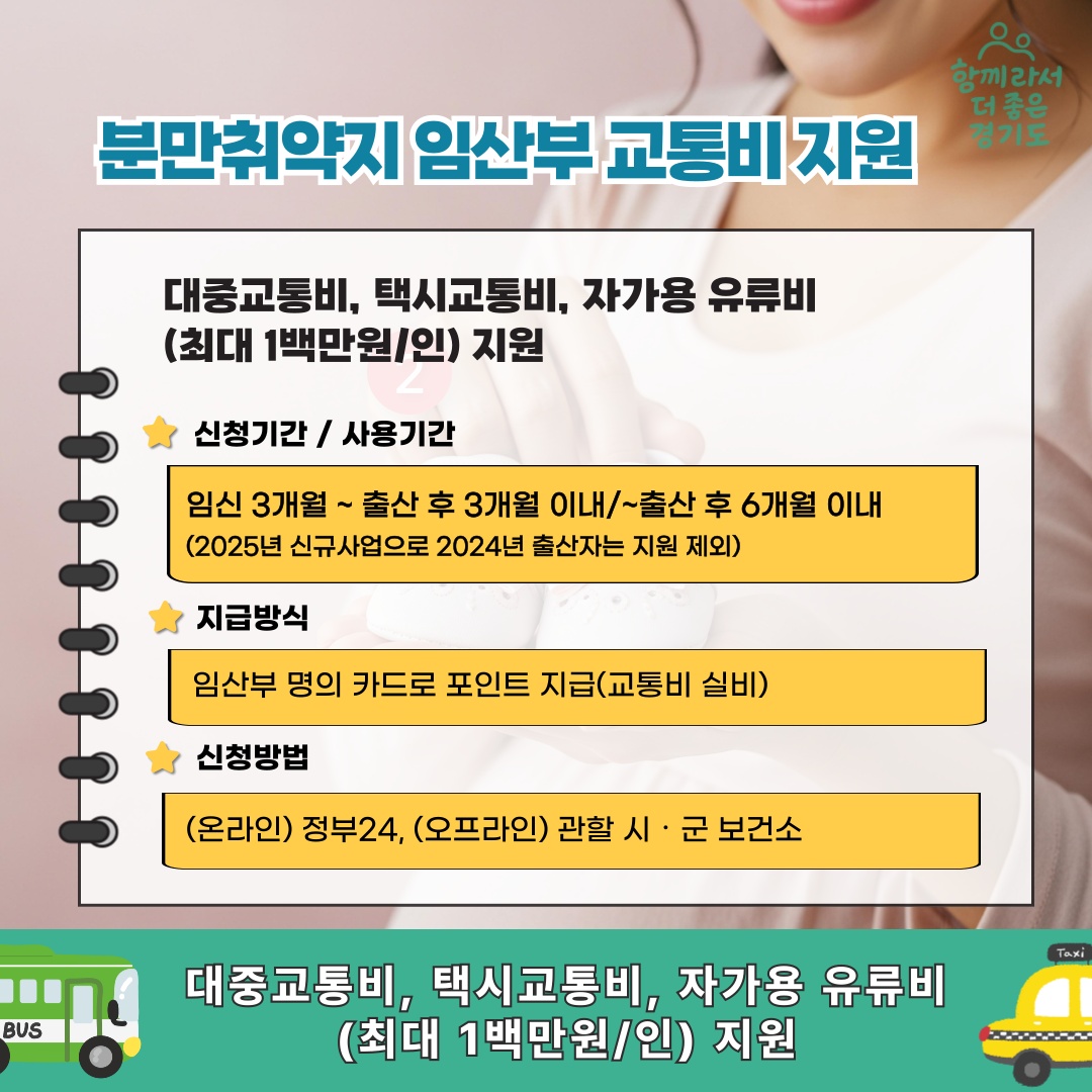 분만취약지 임산부 교통비 지원: (신청기간/사용기간) 임신 3개월~출산 후 3개월 이내/~출산 후 6개월 이내(2025년 신규사업으로 2024년 출산자는 지원 제외) (지급방식) 임산부 명의 카드로 포인트 지급(교통비 실비) (신청방법) 온라인-정부24, 오프라인-관할 시‧군 보건소