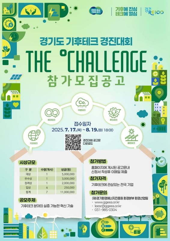 경기도는 8월 19일까지 혁신적인 기후테크 기업의 성장을 지원하는 ‘2025년 경기도 기후테크 컨퍼런스 경진대회’ 참가기업을 모집한다고 밝혔다.