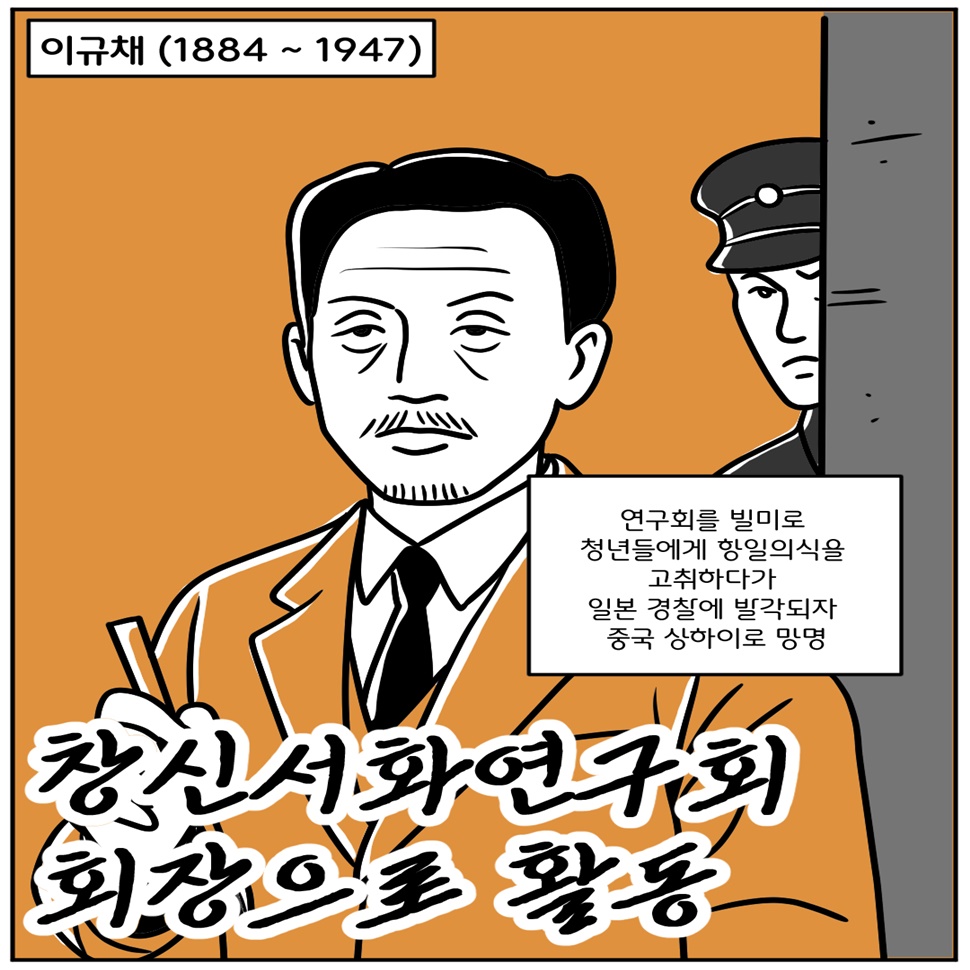 이규채(1884~1947) 독립운동가는 창신서화연구회 회장으로 활동햇습니다. 연구회를 빌미로 청년들에게 항일의식을 고취하다가 일본 경찰에 발각되자 중국 상하이로 망명했습니다.
